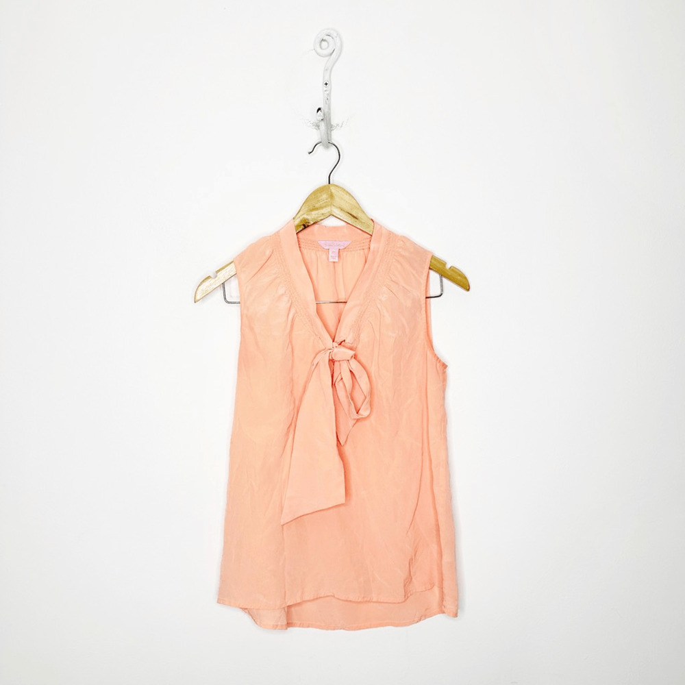 Lilly Pulitzer Dahlia Sleeveless 100% Silk Blouse peach orange tie neck 48596 XS